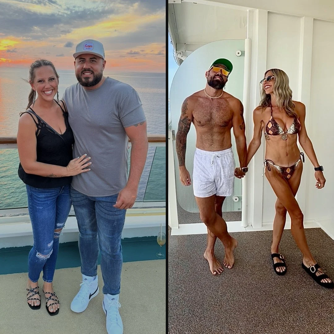 Garrett and his wife before and after, side by side: on the left before, on the right after each losing more than 95 pounds