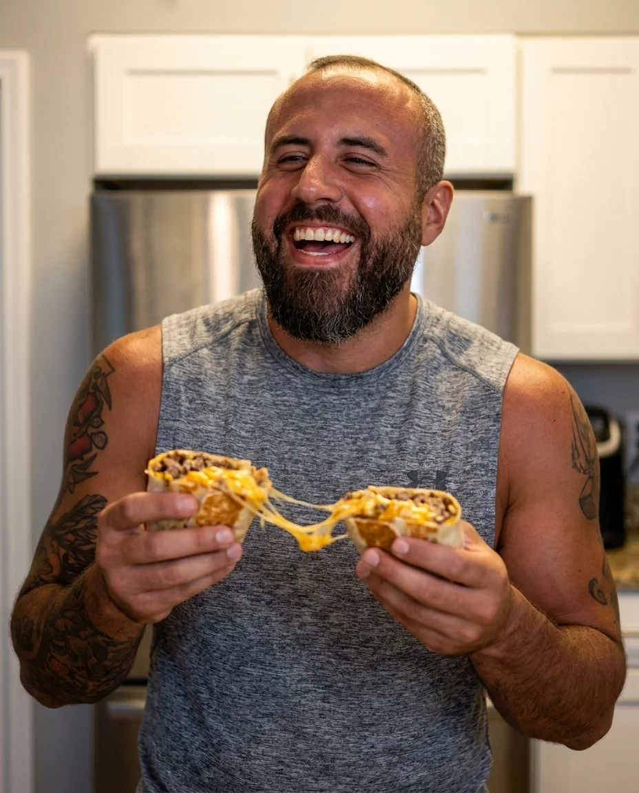 Garrett laughing in his kitchen, holding a cheesy beef burrito cut in half