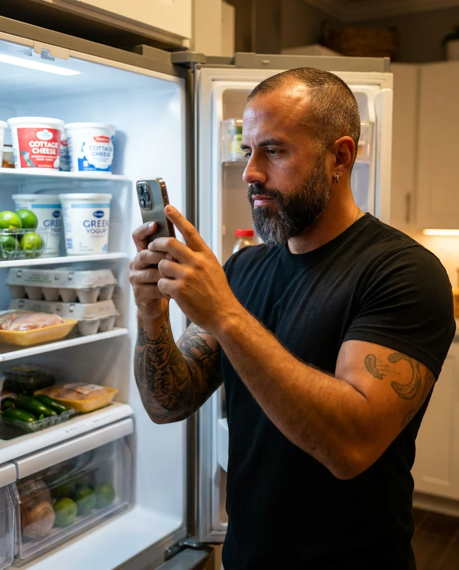 Garrett scanning his fridge with his phone