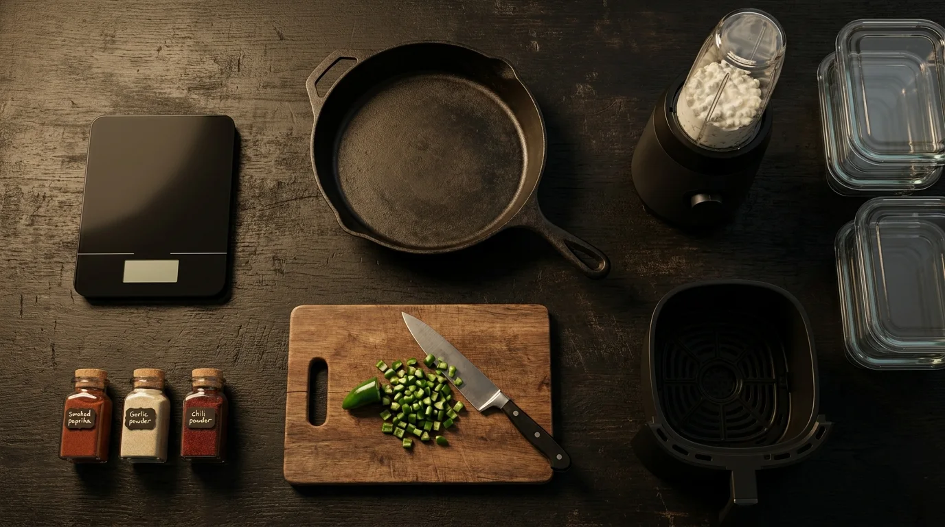 Overhead view of Garrett's kitchen counter with a food scale, cast iron skillet, knife, spices, and a protein ice cream maker
