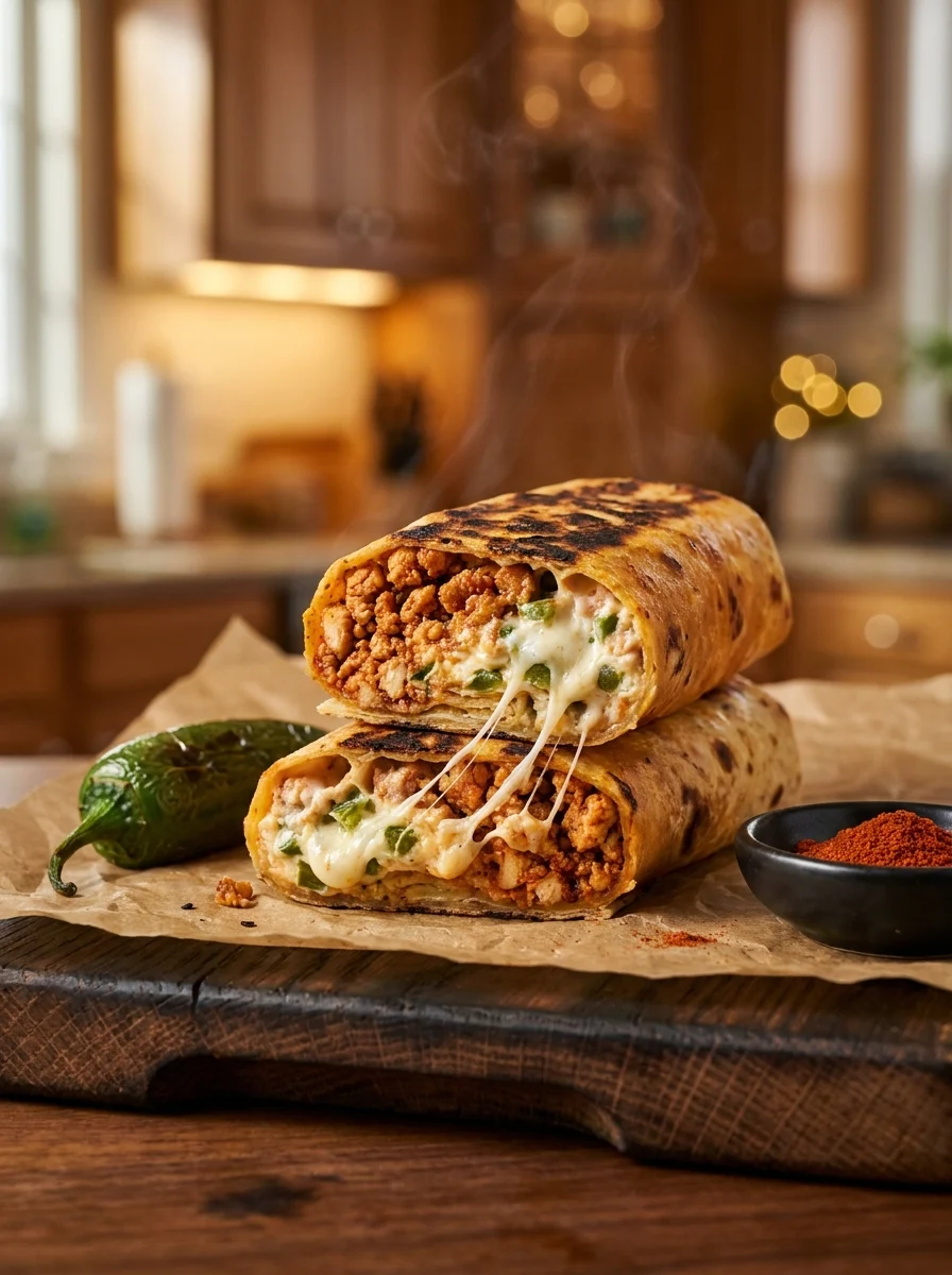 Smokehouse jalapeño popper burrito cut in half, with melted string cheese and jalapeño cream filling
